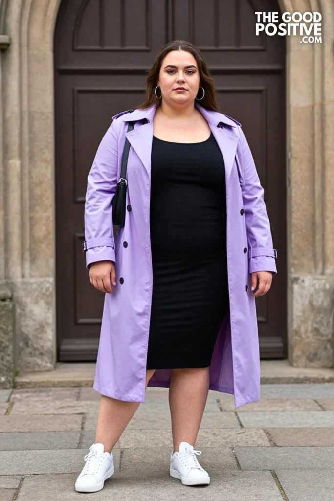 Lilac Trench, Black Dress, and White Sneakers