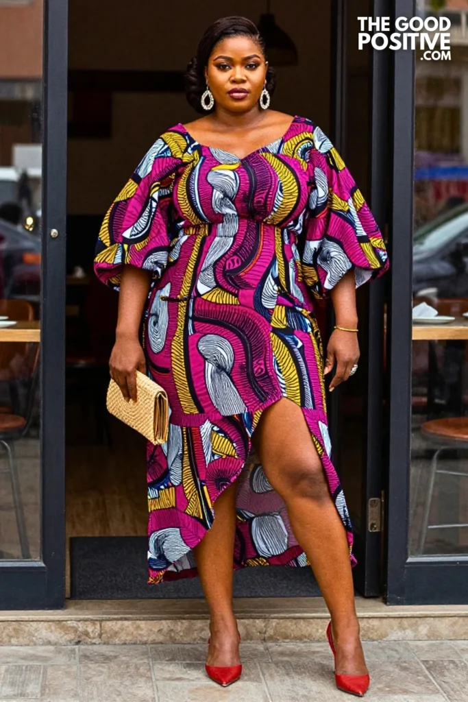Magenta Ankara Peasant-Sleeve Maxi Dress