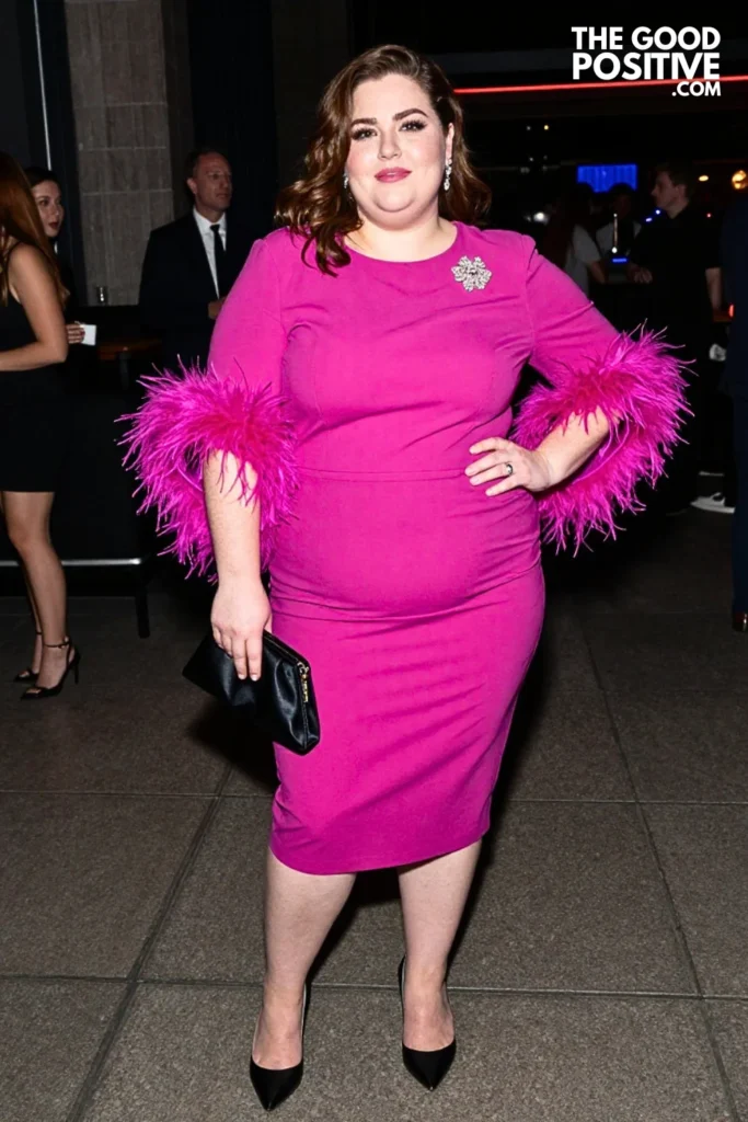 Magenta Feather-Cuff Dress With Crystal Brooch