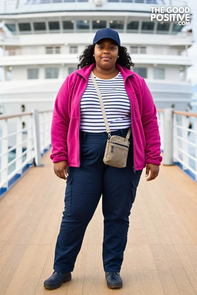 Magenta Fleece Jacket, Stone Cargo Pants & Striped Tee