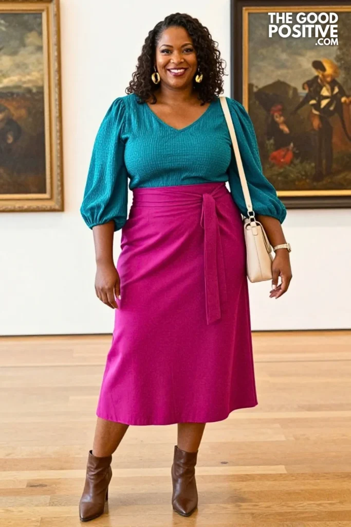 Magenta Midi Skirt With Teal Textured Blouse