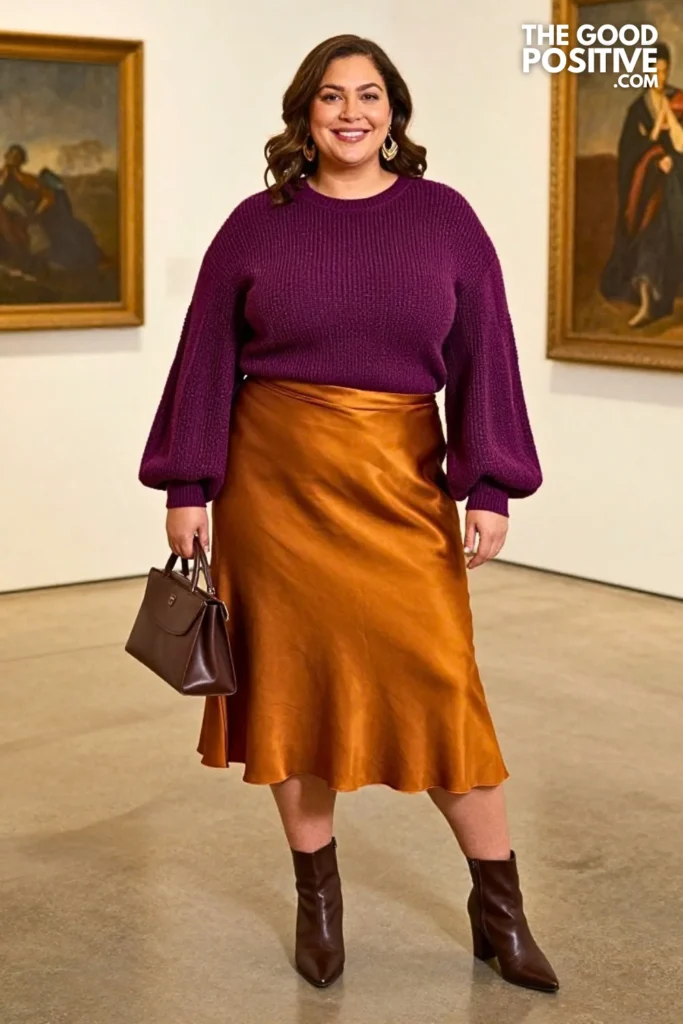 Marigold Satin Midi Skirt With Textured Plum Sweater