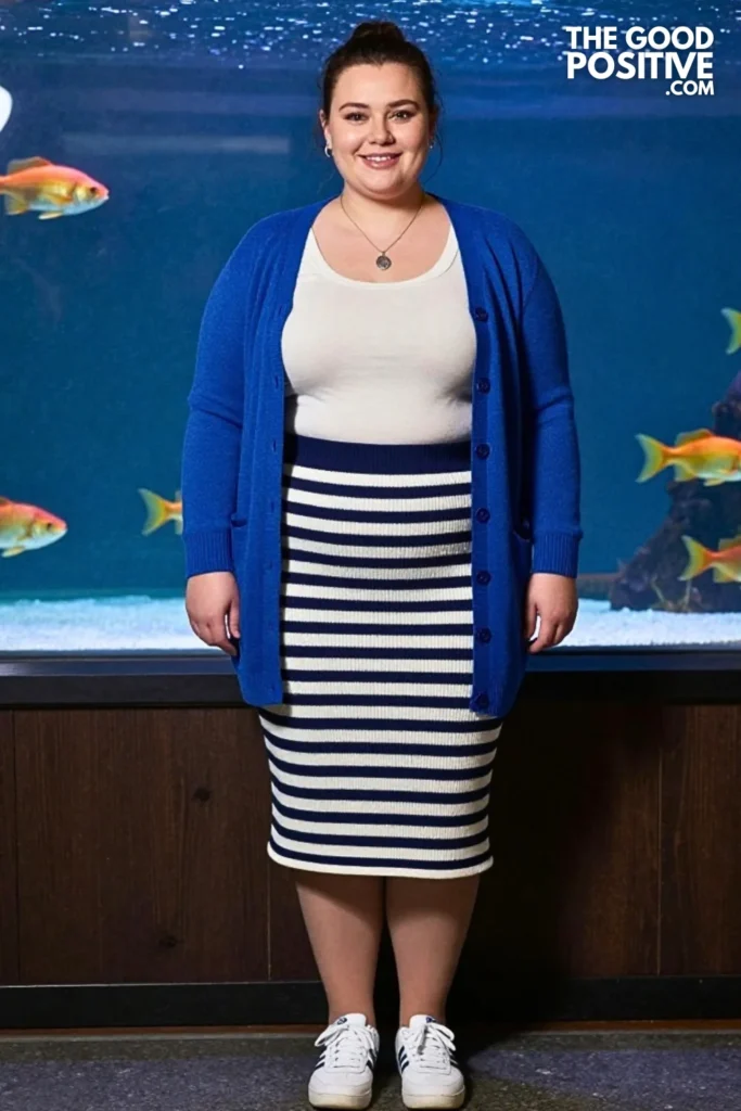 Marine-Blue Cardigan With Striped Knit Skirt