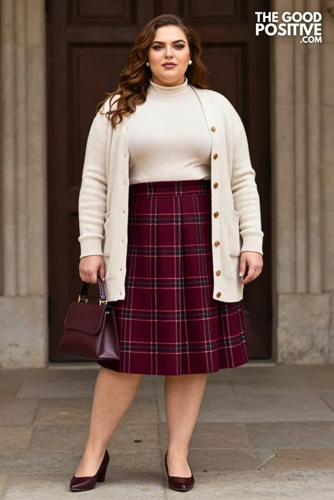 Maroon Plaid Skirt With Cream Cardigan