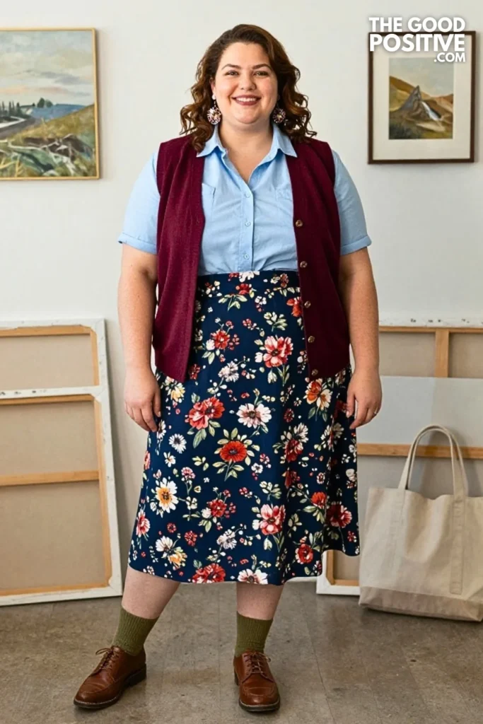 Maroon Sweater Vest With Painterly Floral Skirt