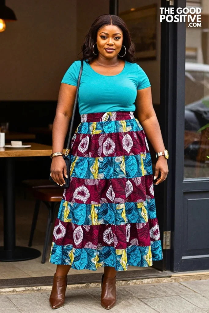 Maroon and Turquoise Ankara Tiered Skirt Ensemble