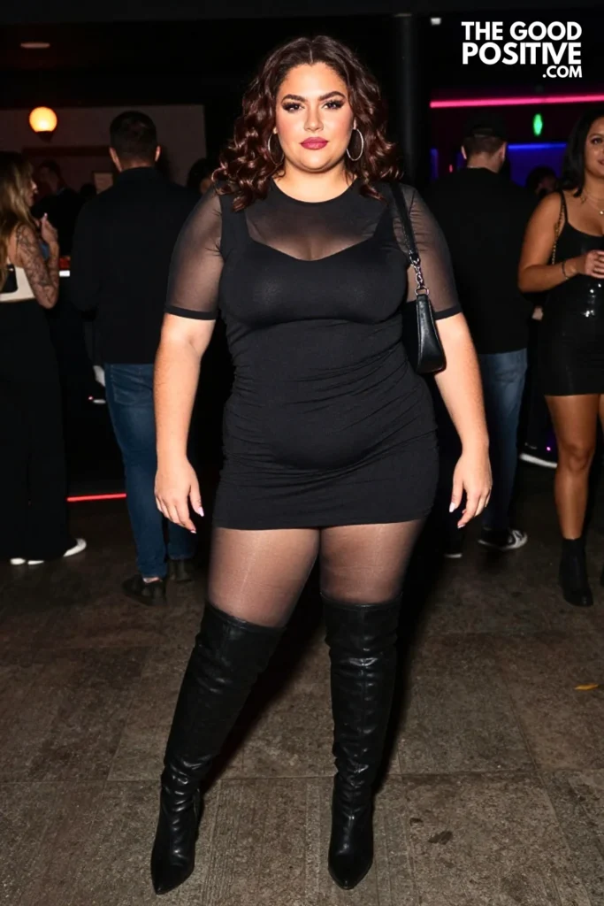 Mesh-Sleeve Mini Dress With Tall Boots