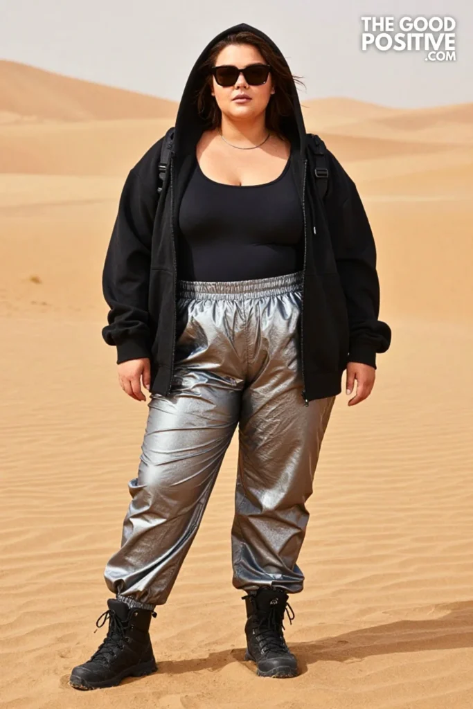 Metallic Gray Parachute Pants, Oversized Hoodie, and Trail Boots