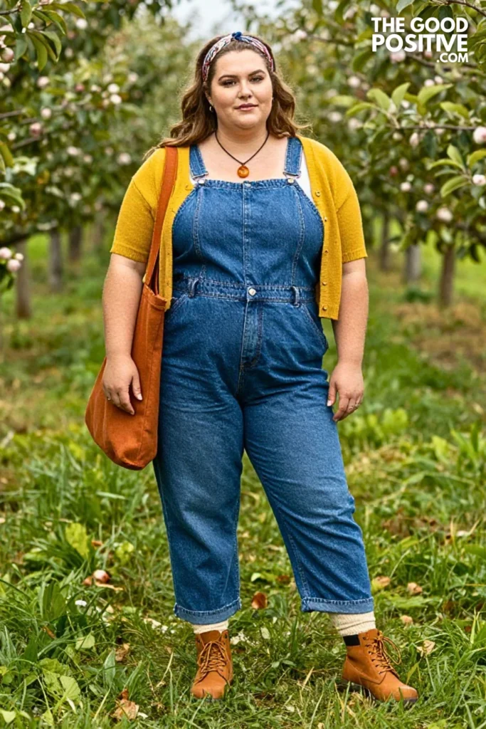Mid-Wash Denim Jumpsuit, Mustard Cardigan & Lace-Up Boots