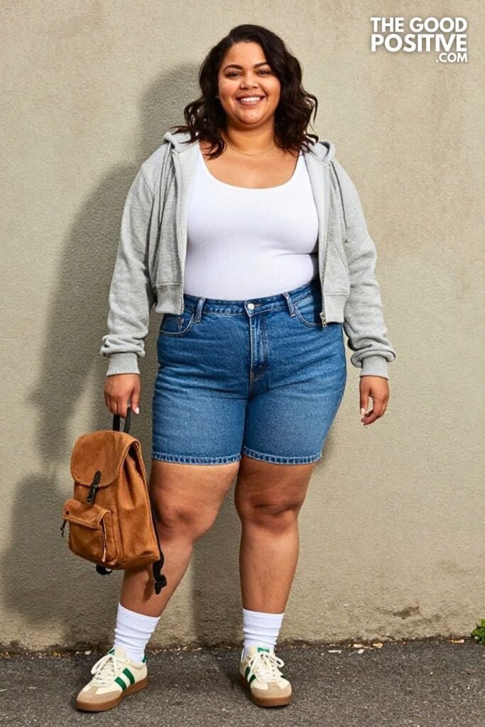 Mid-Wash Denim Shorts With Cropped Gray Hoodie And Retro Trainers