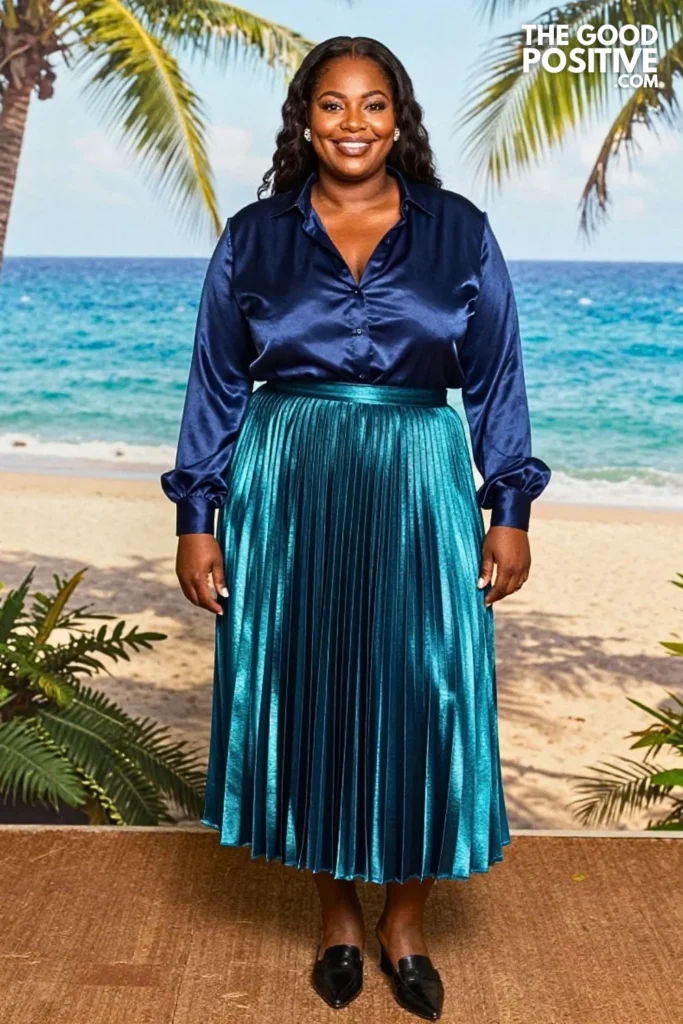 Midnight Blue Blouse With Iridescent Pleated Skirt