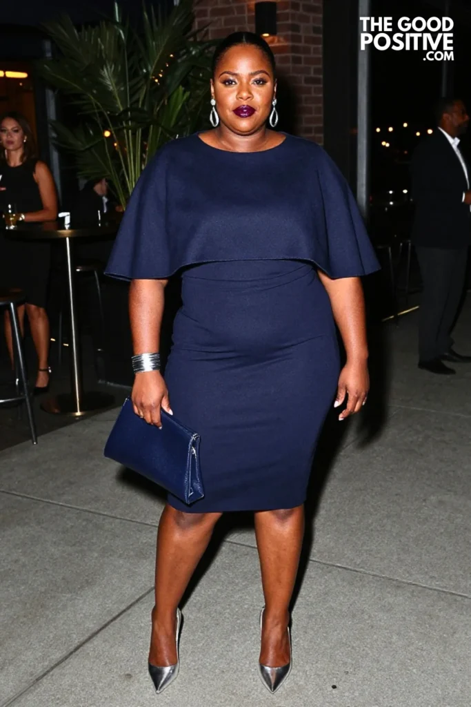 Midnight Navy Cape Dress With Silver Pumps