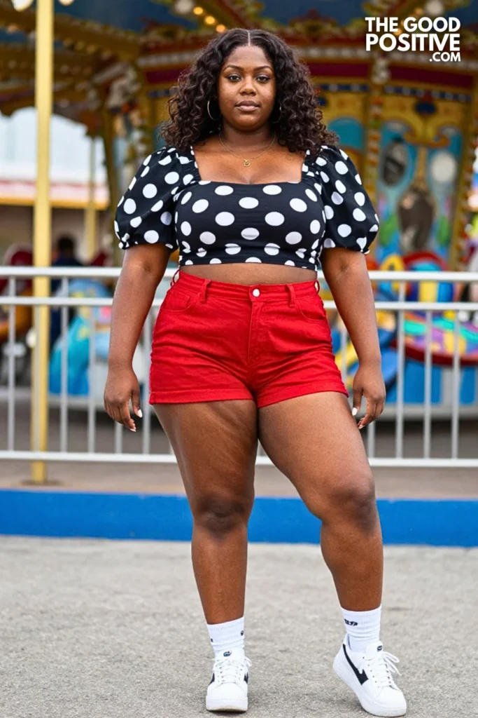 Minnie-Inspired Polka-Dot Top, Red Shorts, And Sneakers