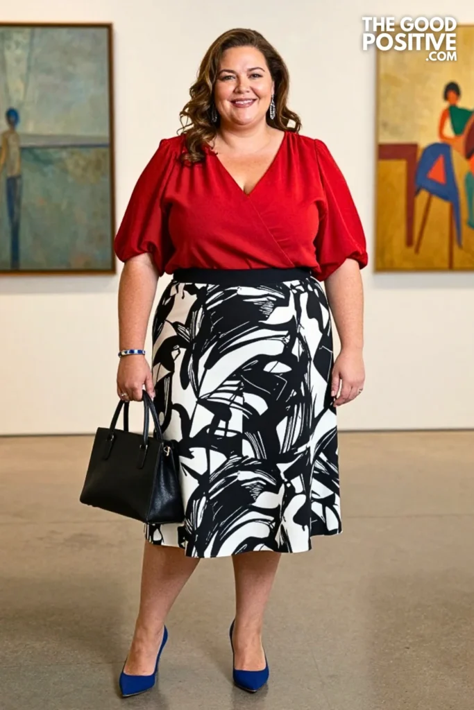 Monochrome Art Print Skirt, Scarlet Blouse & Cobalt Shoes
