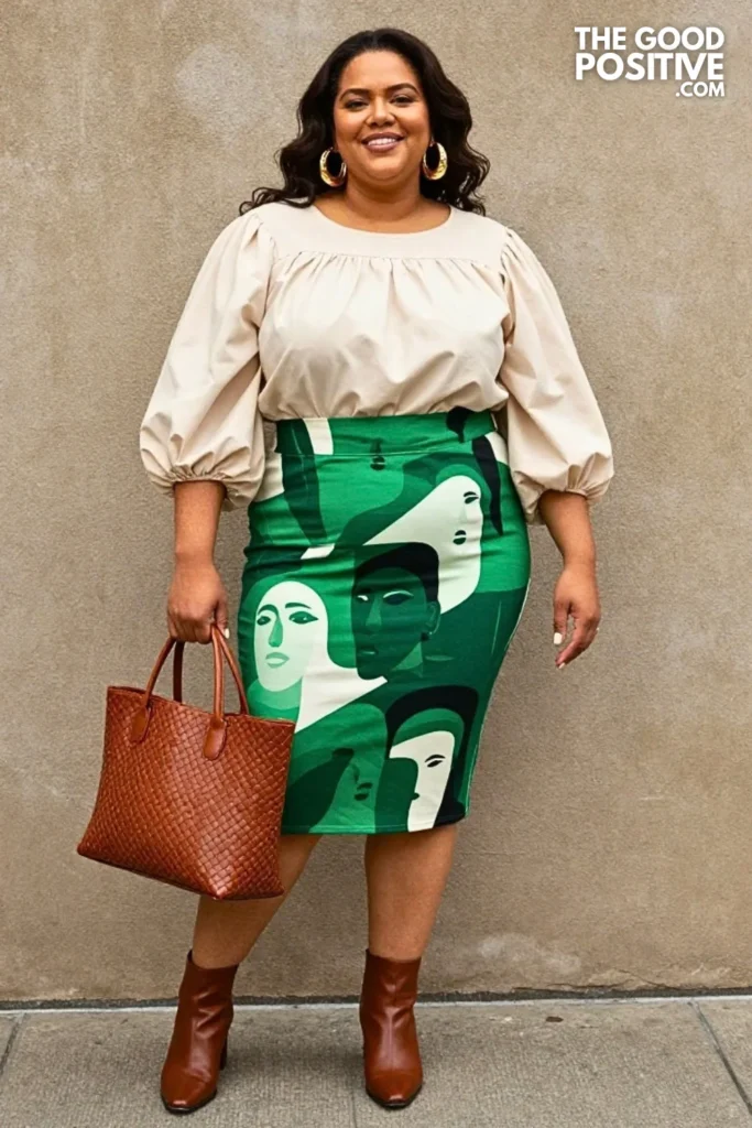 Moss Abstract Face Skirt With Cream Blouse