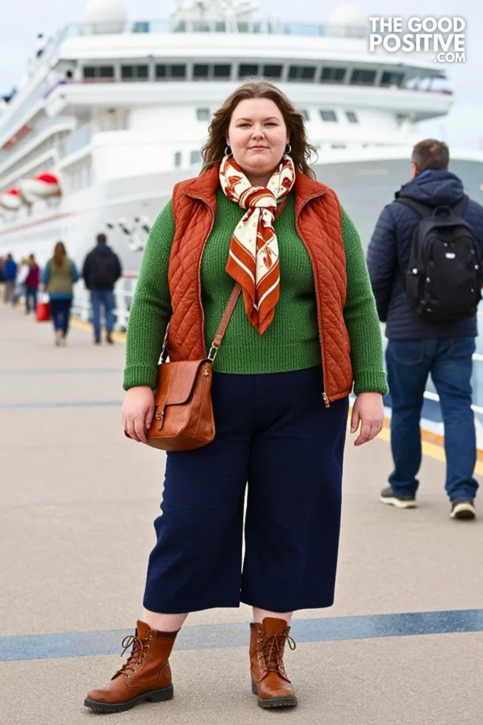 Moss Green Sweater, Rust Vest & Navy Culottes