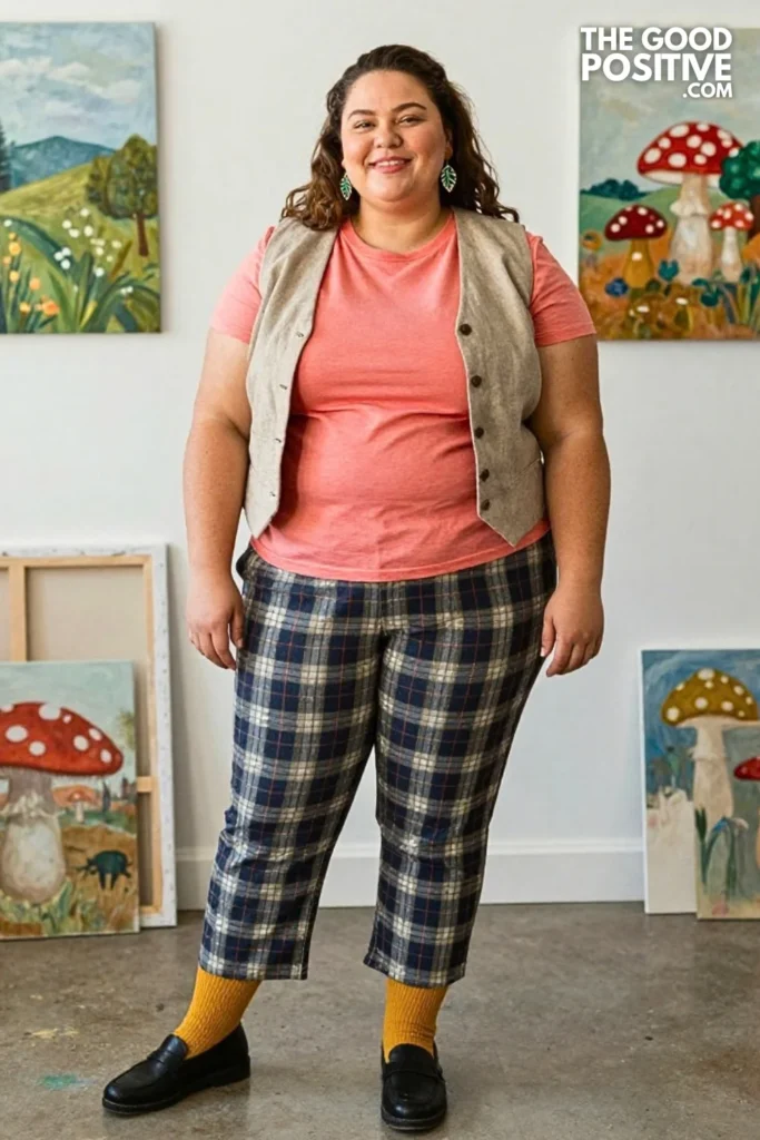 Mushroom Linen Vest With Painted Plaid Trousers