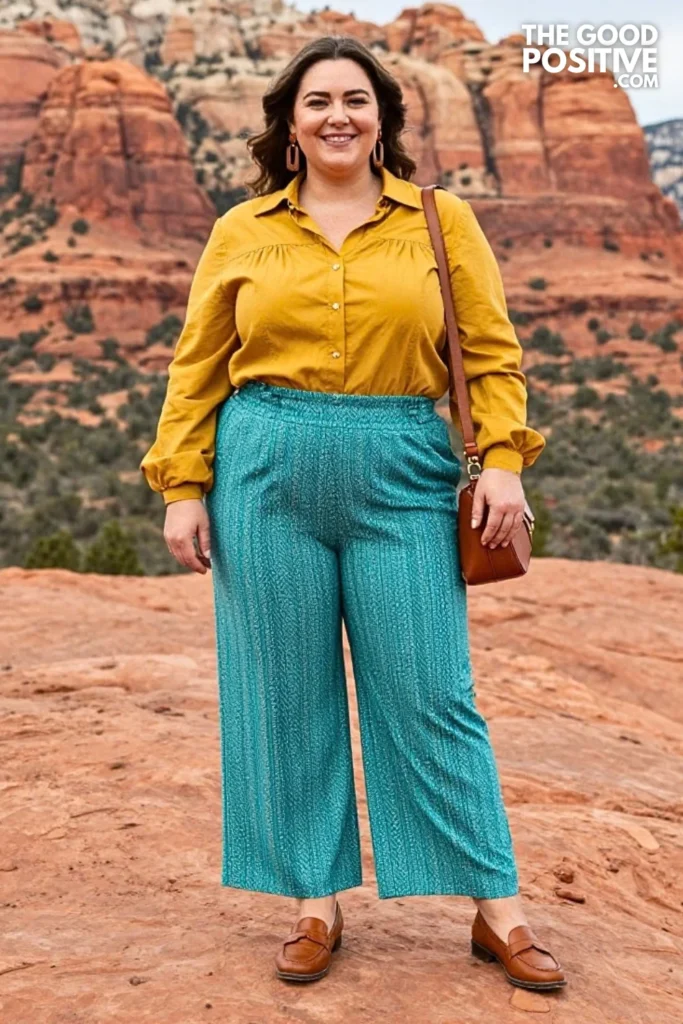 Mustard Blouse With Turquoise Printed Trousers