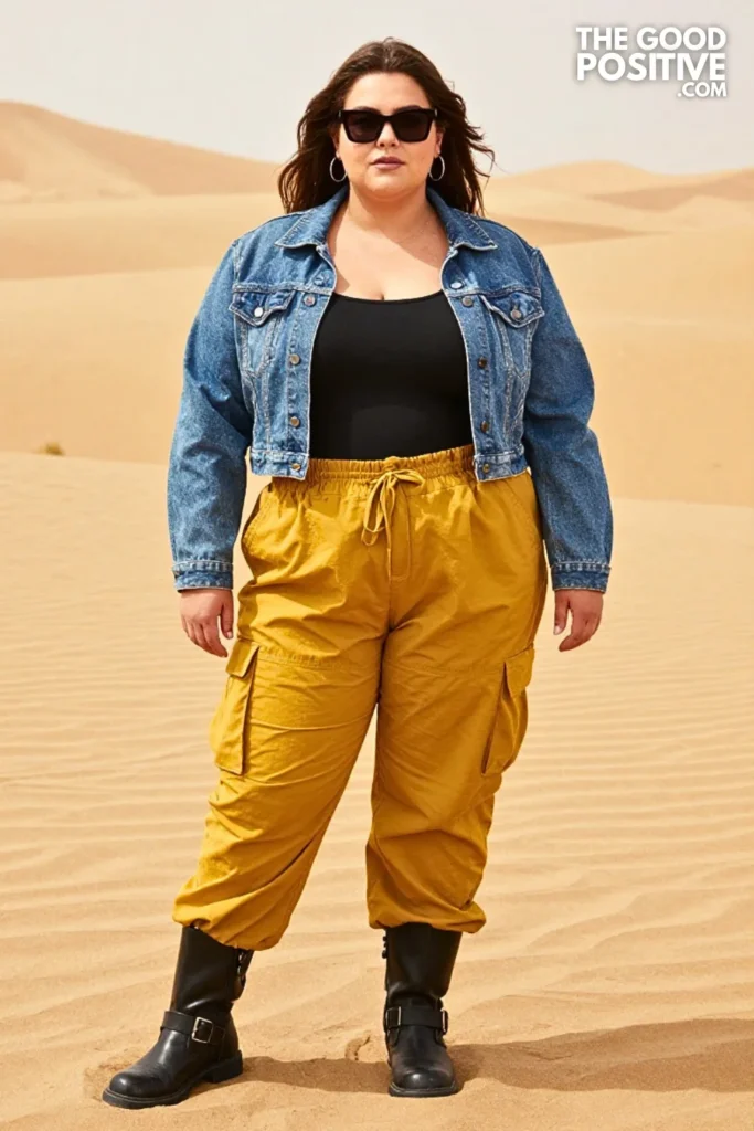 Mustard Cargo Trousers, Cropped Denim Jacket, and Buckle Boots