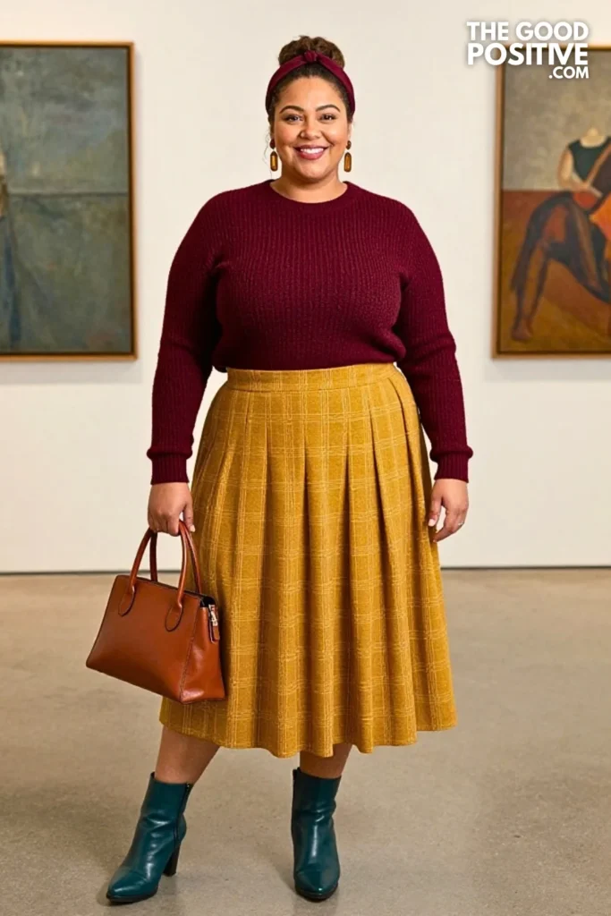 Mustard Check Skirt, Burgundy Knit & Teal Boots