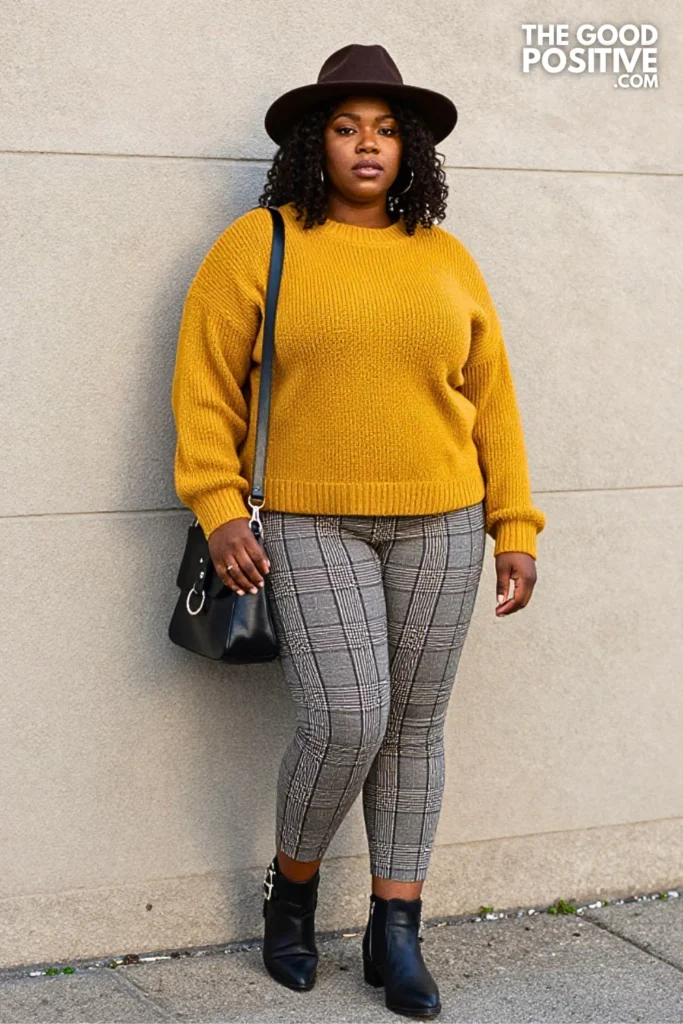 Mustard Knit Sweater, Plaid Culottes, and Buckled Boots