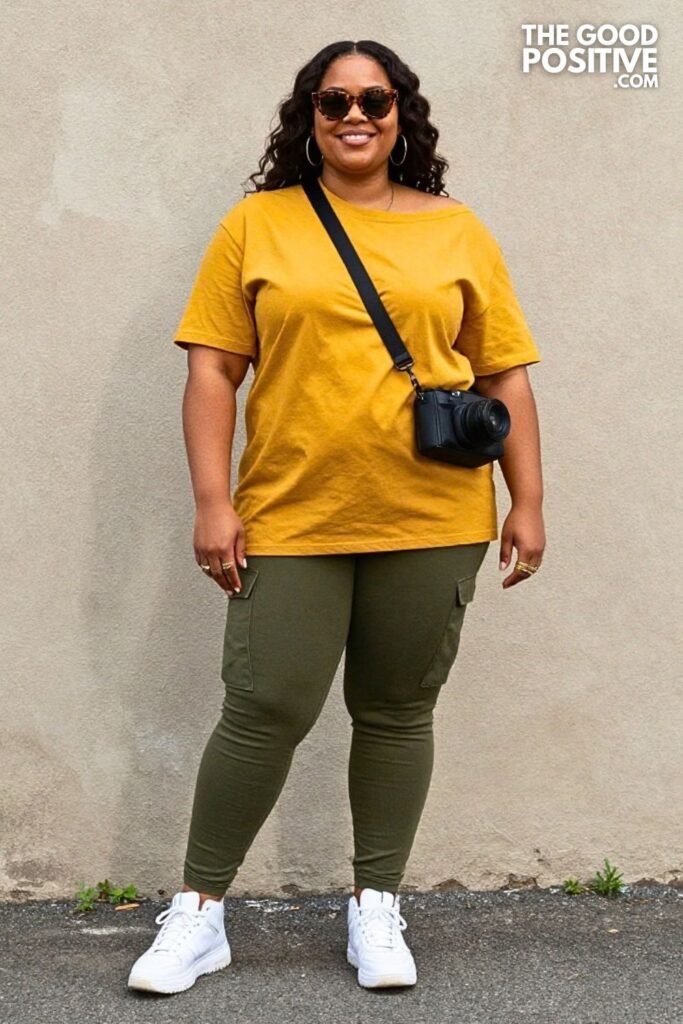 Mustard Oversized Tee With Olive Cargo Leggings And High-Top Sneakers