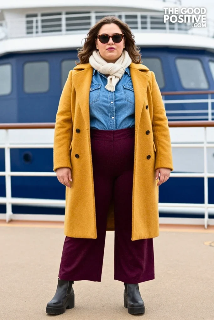 Mustard Peacoat, Denim Shirt, And Plum Wide-Leg Pants
