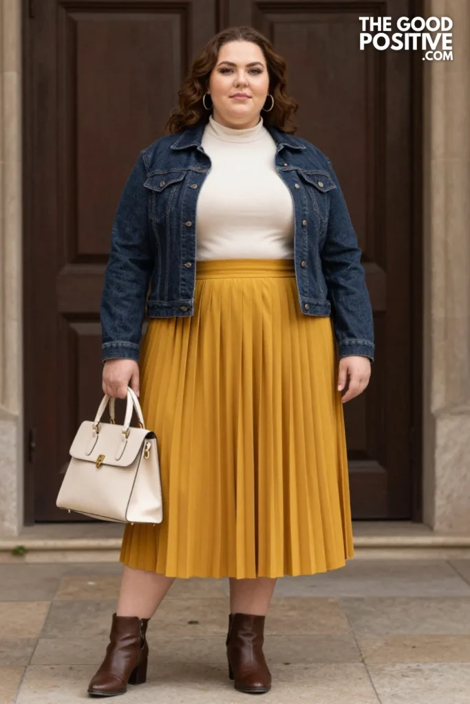 Mustard Pleated Skirt With Denim Jacket