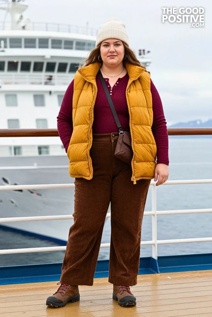 Mustard Puffer Vest, Burgundy Henley & Corduroy Pants