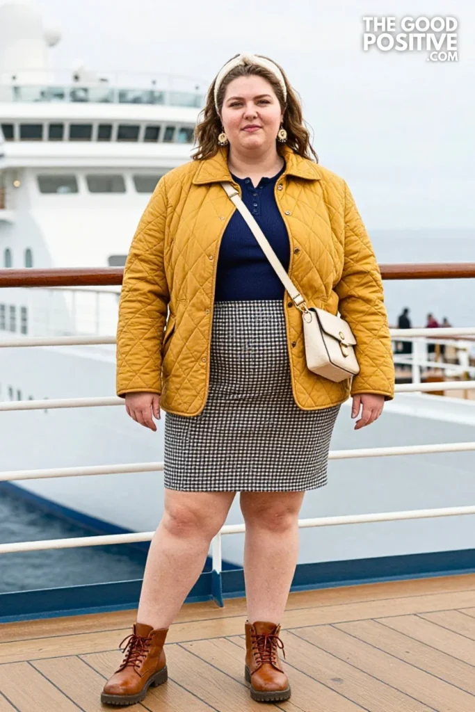 Mustard Quilted Jacket, Navy Henley, And Checked Skirt