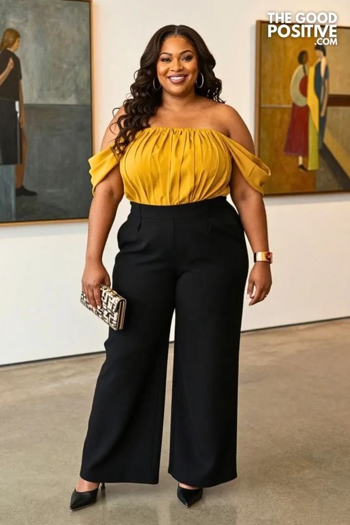 Mustard Sculptural Top, Ink Culottes & Patterned Clutch