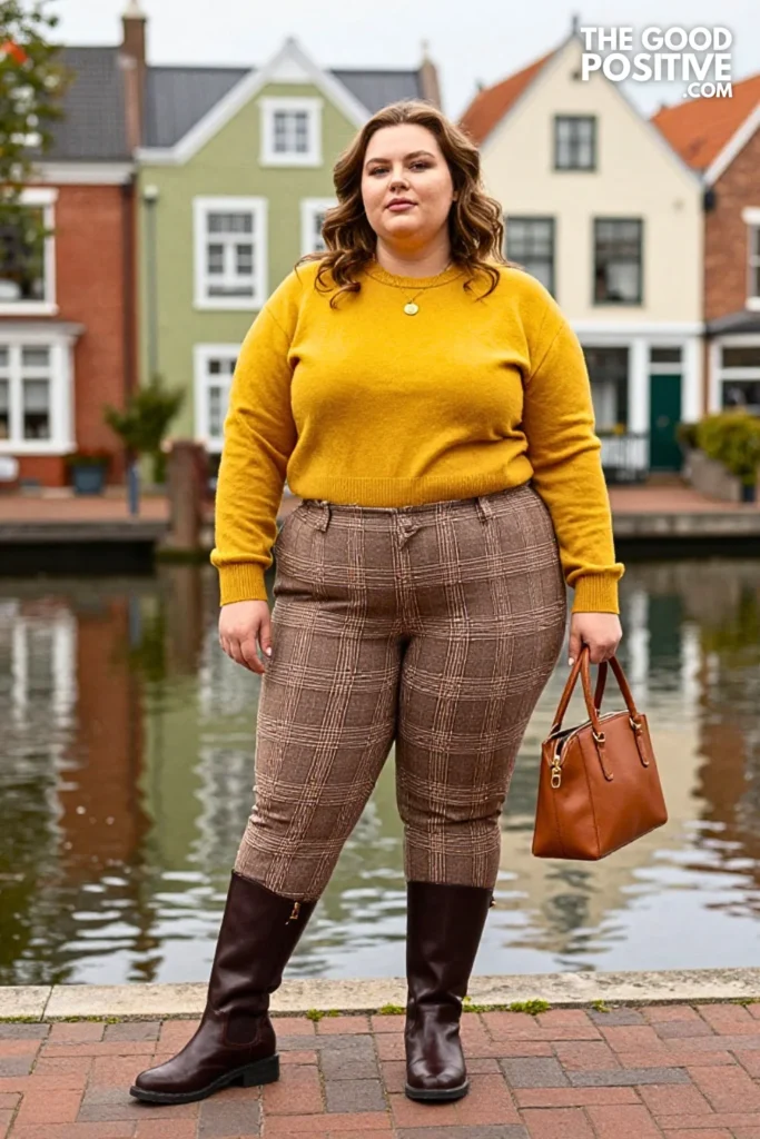 Mustard Sweater, Plaid Pants, and Chelsea Boots