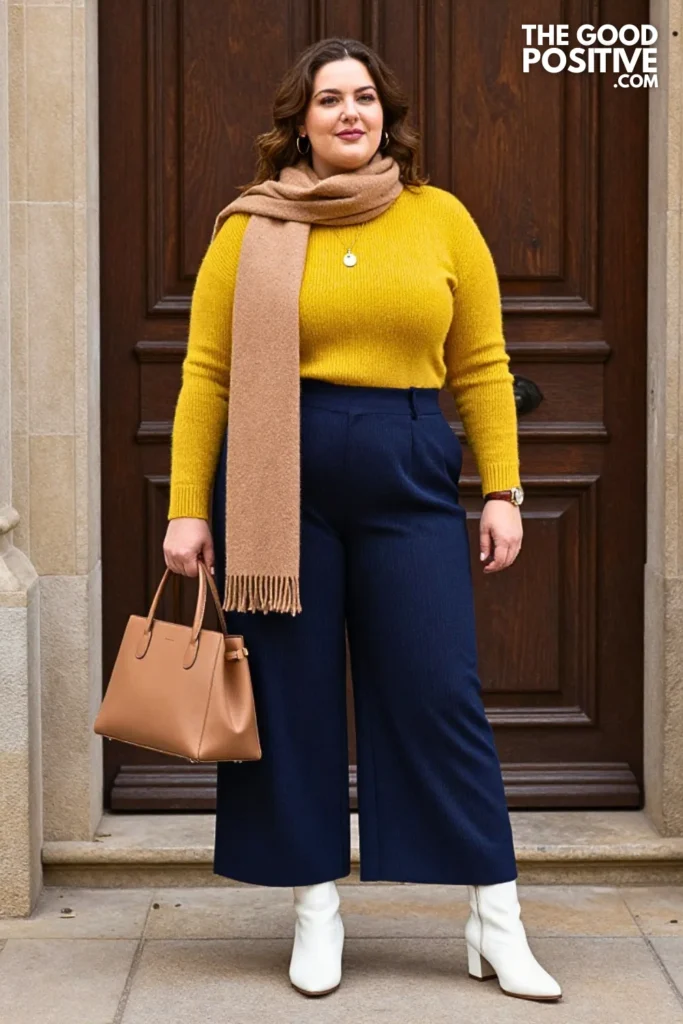 Mustard Sweater With Navy Pleated Pants And White Boots