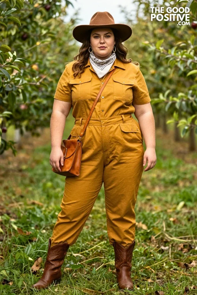 Mustard Utility Jumpsuit, Burgundy Sweater & Western Boots