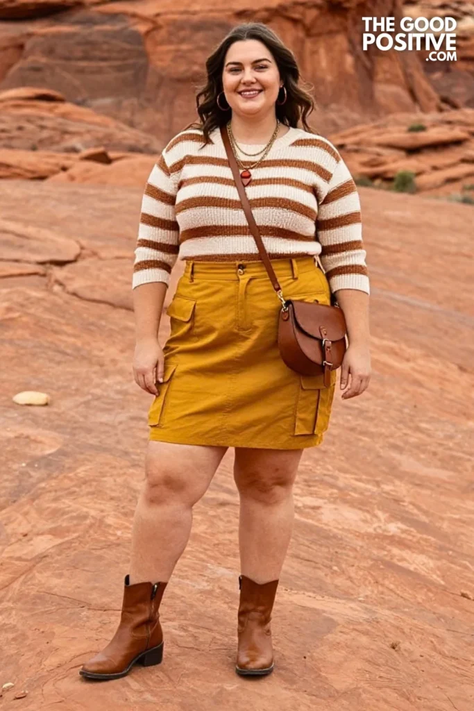 Mustard Utility Midi Skirt With Striped Knit