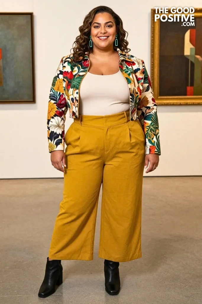 Mustard Wide-Leg Trousers With Ink Floral Jacket