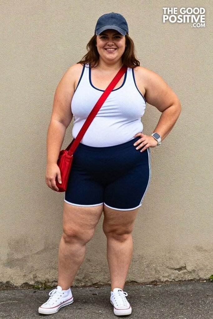 Navy Athletic Shorts With Striped Racerback Tank And Baseball Cap