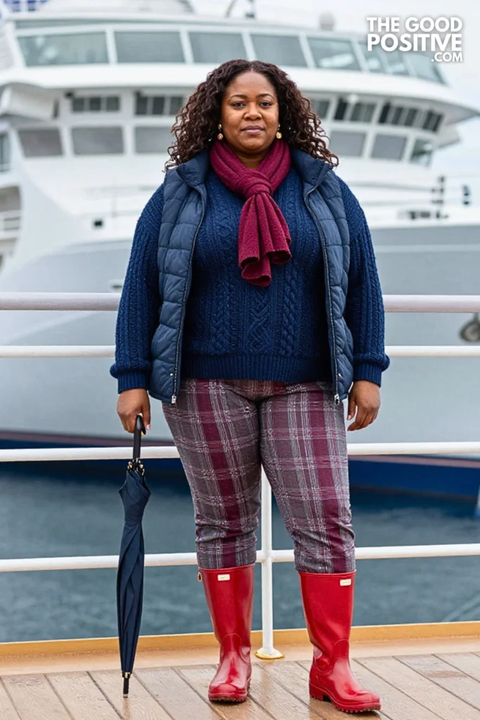 Navy Cable Knit, Plaid Pants, And Red Rain Boots