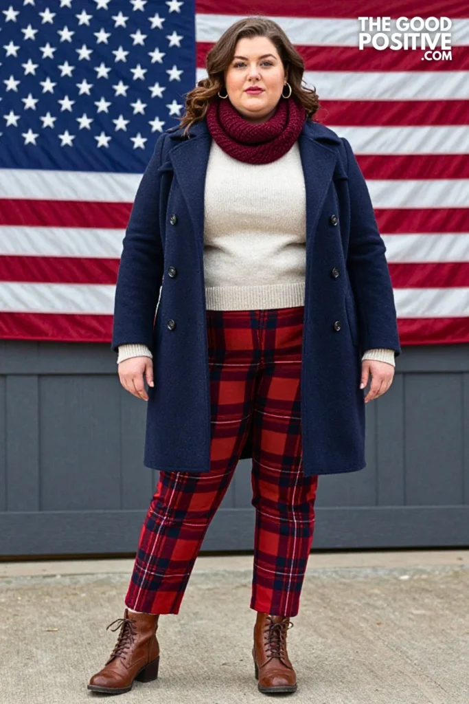 Navy Peacoat With Red Plaid Trousers