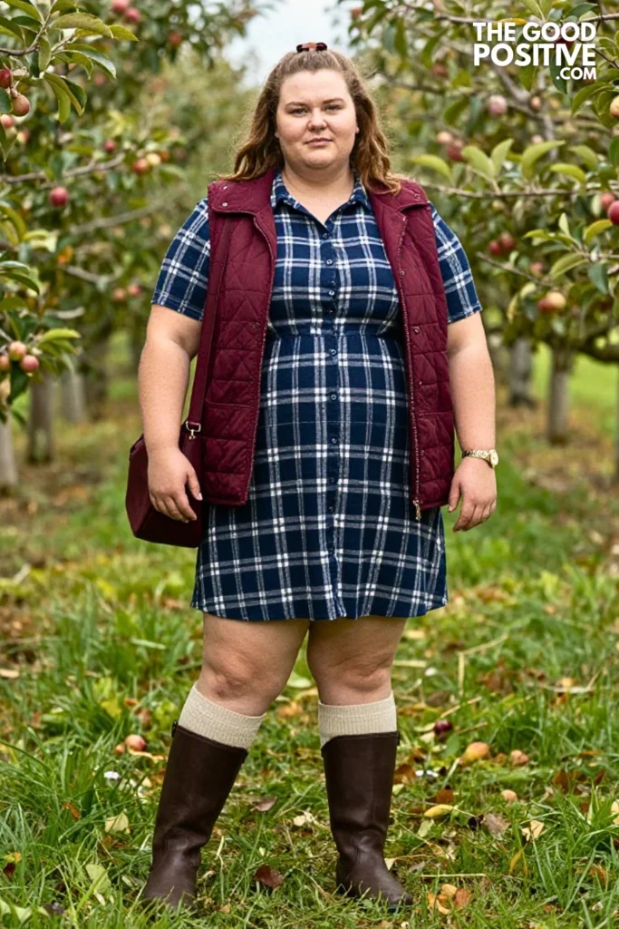 Navy Plaid Shirt Dress, Quilted Vest & Riding Boots