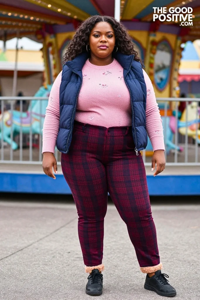 Navy Puffer Vest, Pink Sweater, And Plaid Trousers