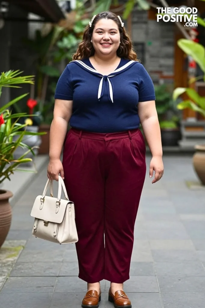 Navy Sailor-Collar Knit With Burgundy Pleated Trousers