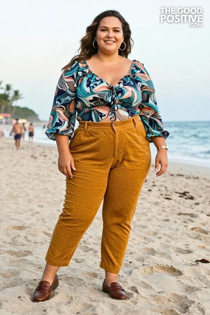 Ocean-Print Blouse With Mustard Corduroy Pants