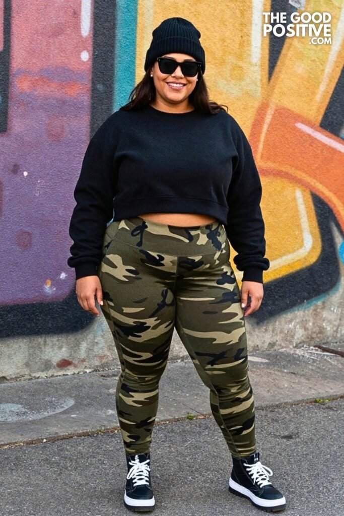 Olive Camo-Print Leggings With Black Cropped Sweatshirt And Beanie