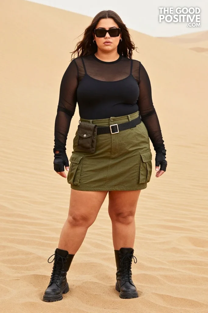 Olive Cargo Skirt, Mesh Top, and Lace-Up Boots