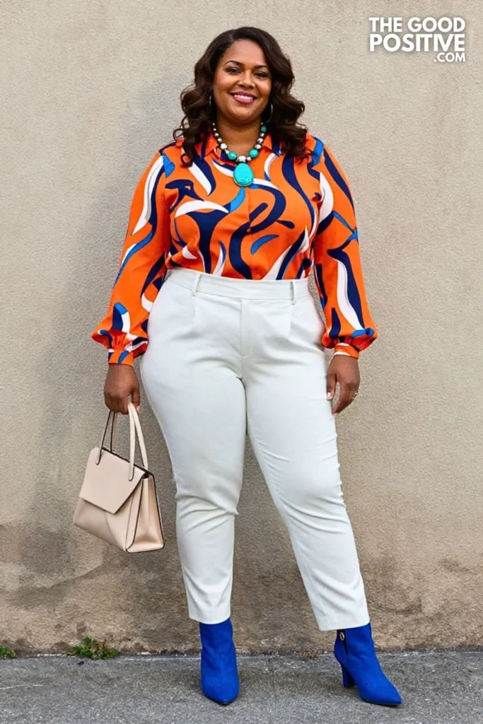 Orange Abstract Blouse With Indigo Trousers