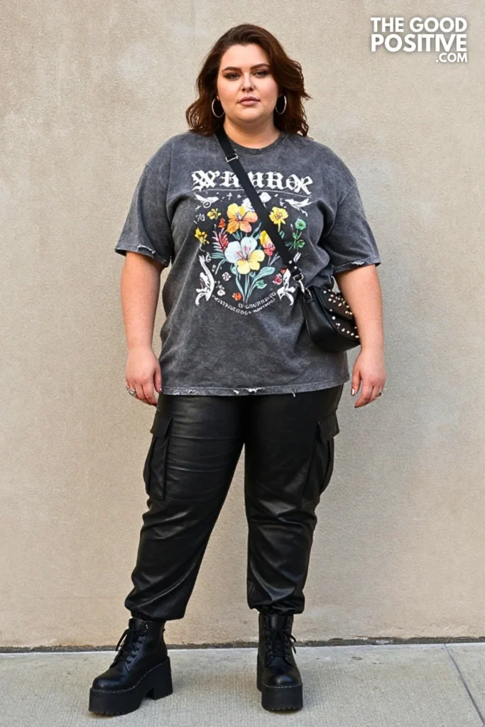 Oversized Graphic Tee, Faux-Leather Cargo Pants, and Creeper Shoes