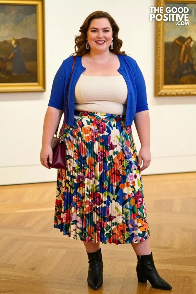 Painterly Floral Skirt, Cobalt Cardigan & Geometric Accessories