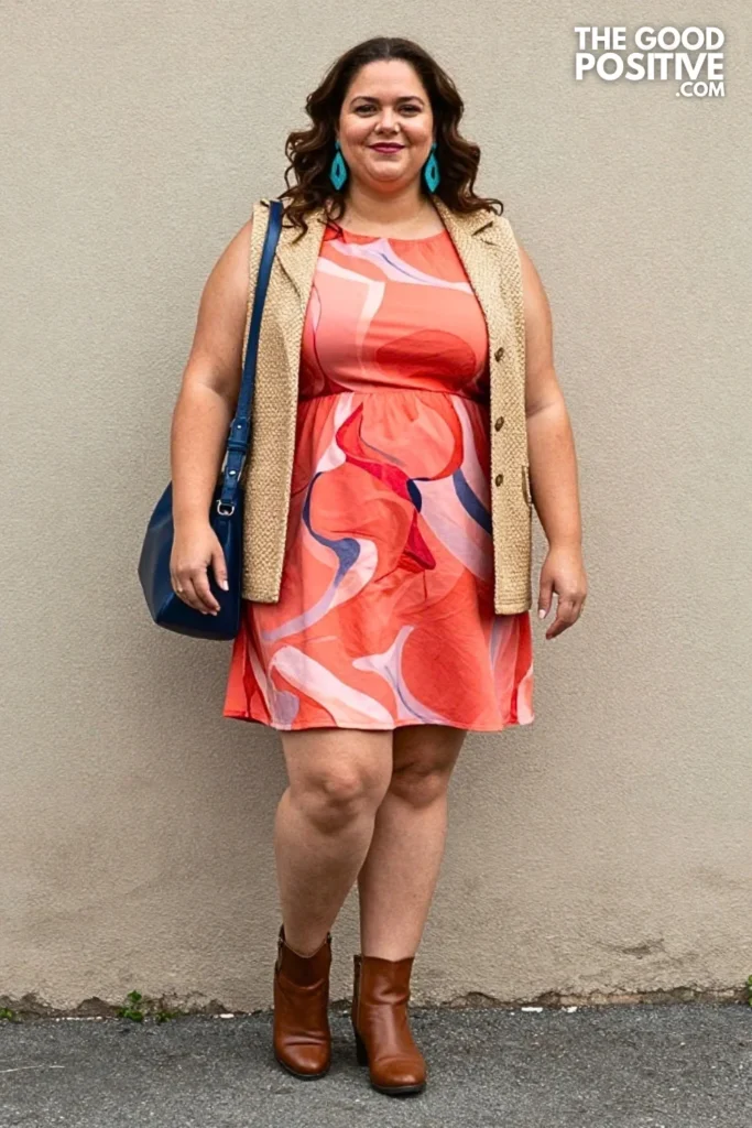 Painterly Shirt Dress With Woven Vest