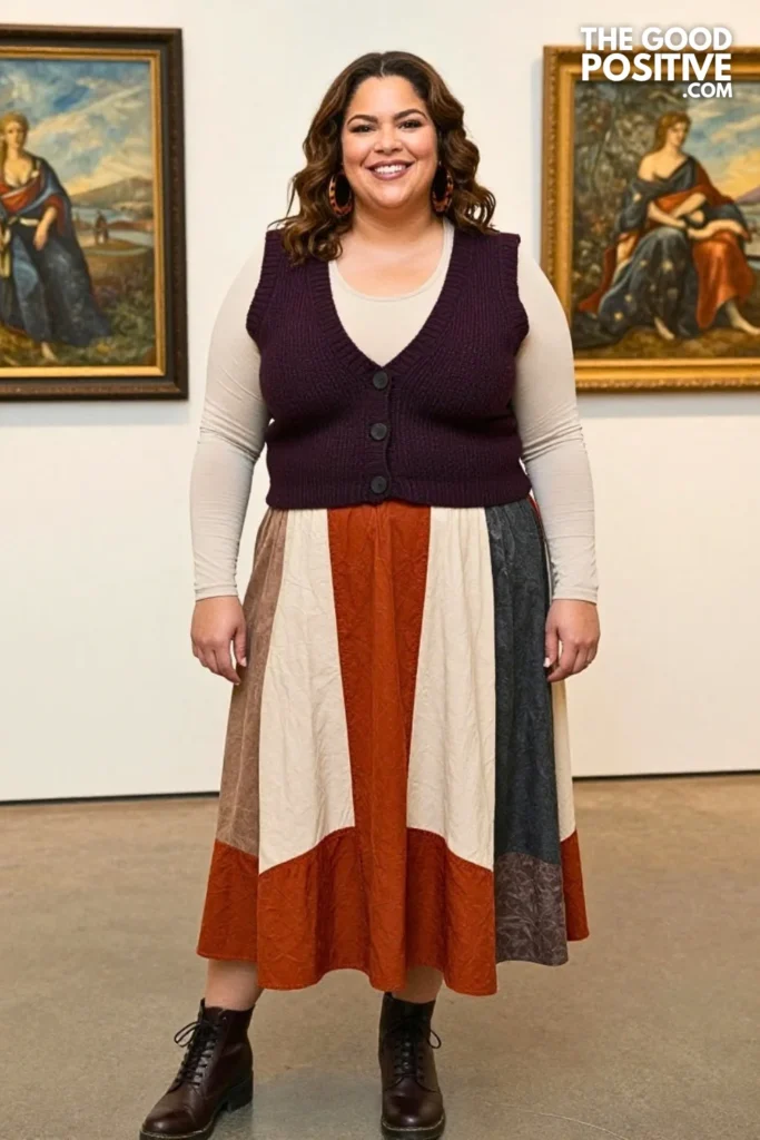Patchwork Midi Skirt With Sculptural Knit Vest